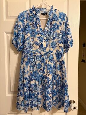 1.STATE Blue Floral V-Neck Tiered Midi Dress